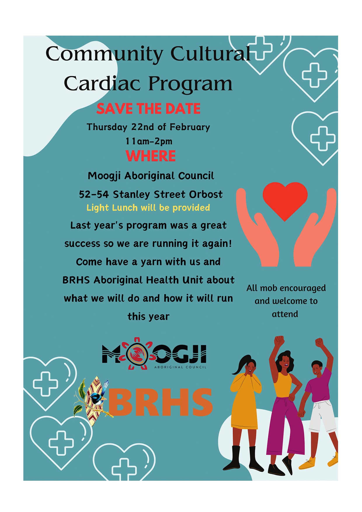 Community Cultural Cardiac Program. 22nd Feb at 11am-2pm. Moogji, Orbost